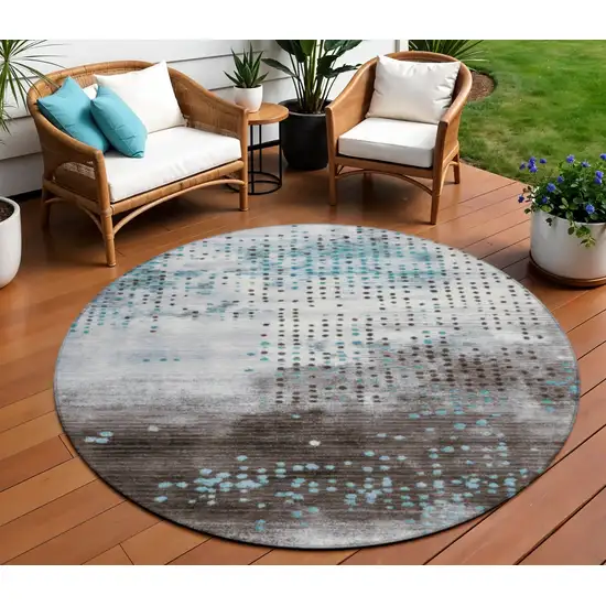 8' Teal Blue And Brown Round Geometric Washable Indoor Outdoor Area Rug Photo 2
