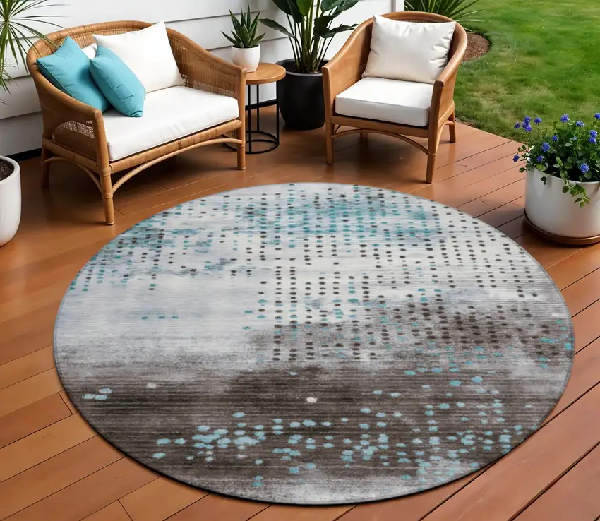 8' Teal Blue And Brown Round Geometric Washable Indoor Outdoor Area Rug Photo 2