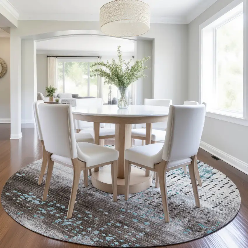 8' Teal Blue And Brown Round Geometric Washable Indoor Outdoor Area Rug Photo 6