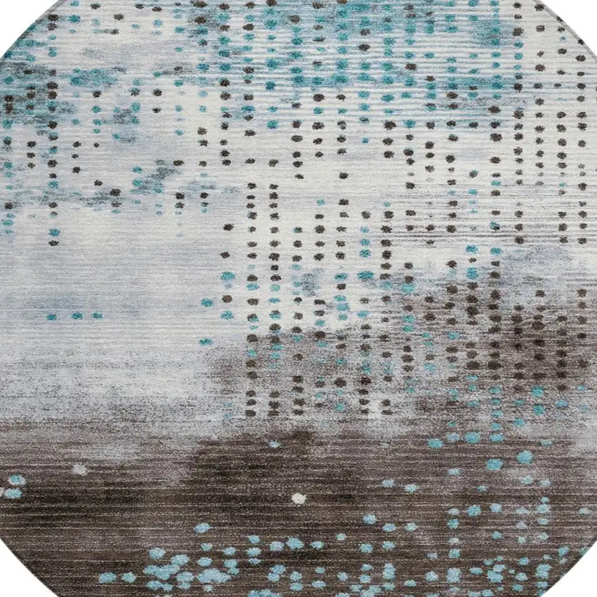 8' Teal Blue And Brown Round Geometric Washable Indoor Outdoor Area Rug Photo 8