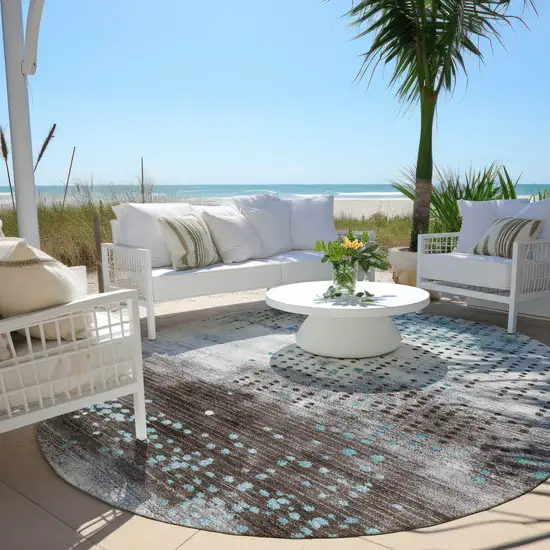 8' Teal Blue And Brown Round Geometric Washable Indoor Outdoor Area Rug Photo 5