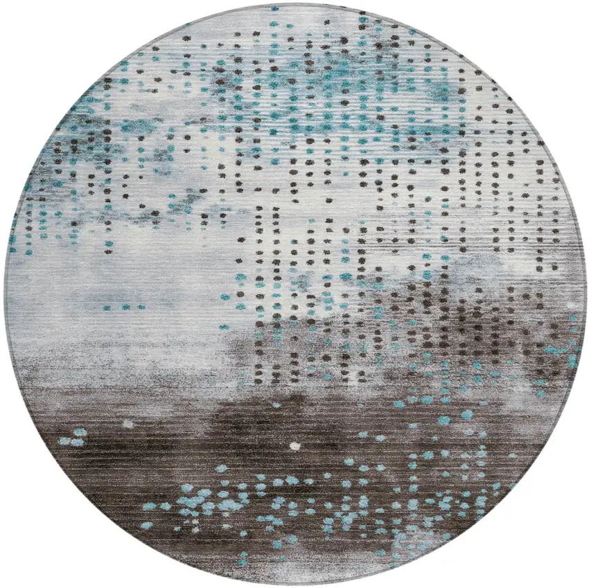 8' Teal Blue And Brown Round Geometric Washable Indoor Outdoor Area Rug Photo 1