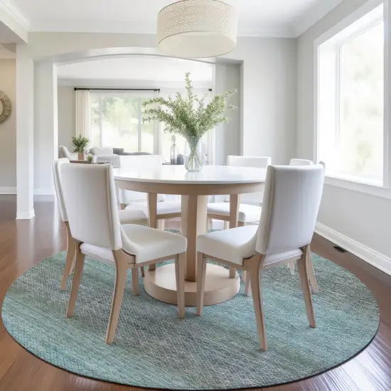 8' Teal Blue And Brown Round Geometric Washable Indoor Outdoor Area Rug Photo 6