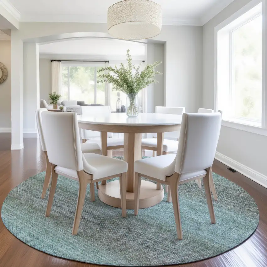 8' Teal Blue And Brown Round Geometric Washable Indoor Outdoor Area Rug Photo 6