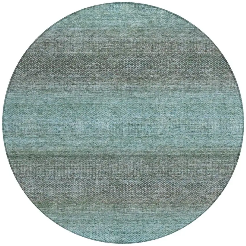 8' Teal Blue And Brown Round Geometric Washable Indoor Outdoor Area Rug Photo 4