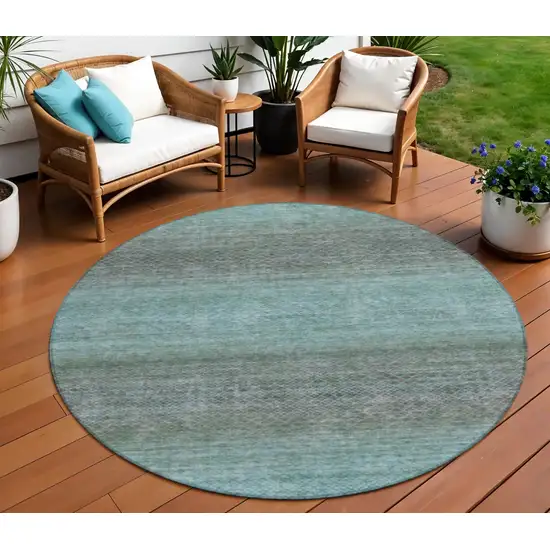 8' Teal Blue And Brown Round Geometric Washable Indoor Outdoor Area Rug Photo 2