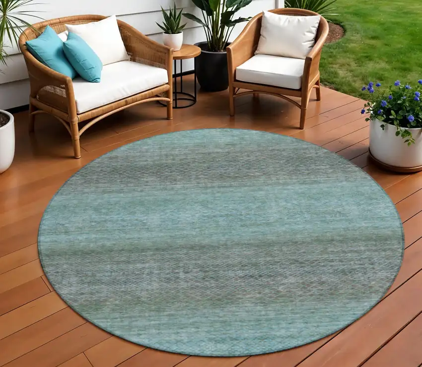 8' Teal Blue And Brown Round Geometric Washable Indoor Outdoor Area Rug Photo 2