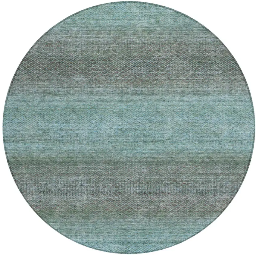 8' Teal Blue And Brown Round Geometric Washable Indoor Outdoor Area Rug Photo 1
