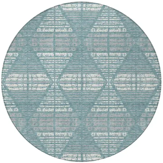 8' Teal Blue And Brown Round Geometric Washable Indoor Outdoor Area Rug Photo 4