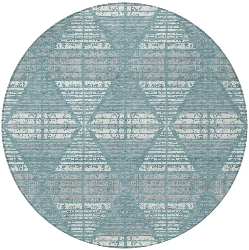 8' Teal Blue And Brown Round Geometric Washable Indoor Outdoor Area Rug Photo 4