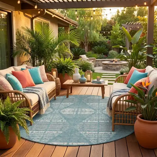 8' Teal Blue And Brown Round Geometric Washable Indoor Outdoor Area Rug Photo 1