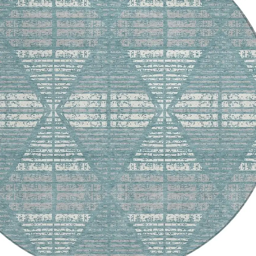 8' Teal Blue And Brown Round Geometric Washable Indoor Outdoor Area Rug Photo 5