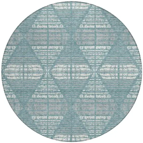 8' Teal Blue And Brown Round Geometric Washable Indoor Outdoor Area Rug Photo 6