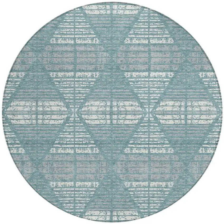 8' Teal Blue And Brown Round Geometric Washable Indoor Outdoor Area Rug Photo 6