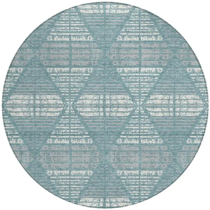 8' Teal Blue And Brown Round Geometric Washable Indoor Outdoor Area Rug Photo 3