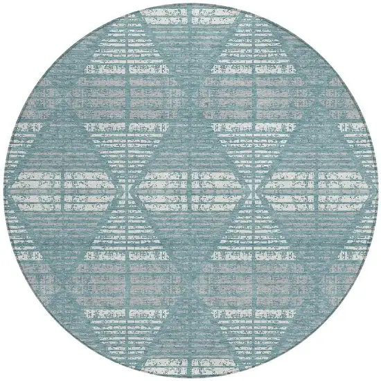 8' Teal Blue And Brown Round Geometric Washable Indoor Outdoor Area Rug Photo 3