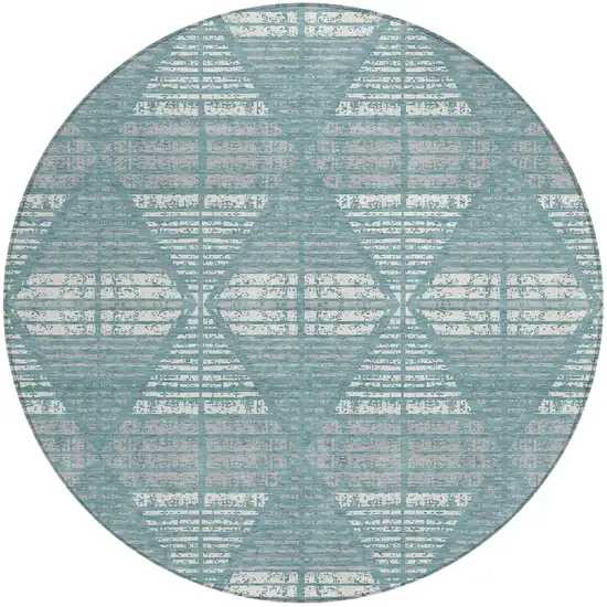8' Teal Blue And Brown Round Geometric Washable Indoor Outdoor Area Rug Photo 2