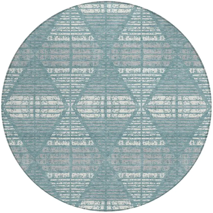 8' Teal Blue And Brown Round Geometric Washable Indoor Outdoor Area Rug Photo 2