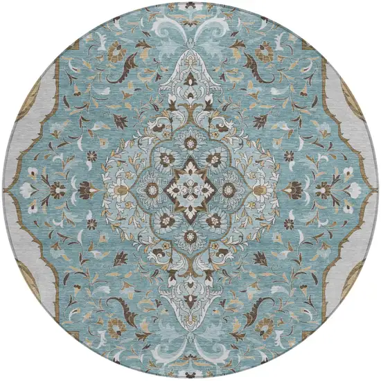 8' Teal Blue And Brown Round Medallion Washable Indoor Outdoor Area Rug Photo 2