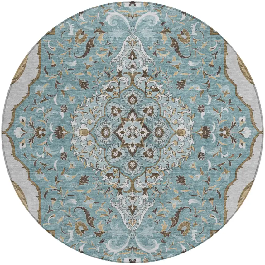 8' Teal Blue And Brown Round Medallion Washable Indoor Outdoor Area Rug Photo 2