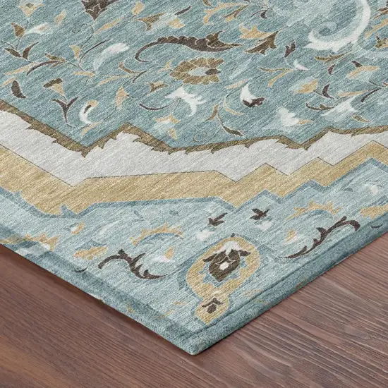 8' Teal Blue And Brown Round Medallion Washable Indoor Outdoor Area Rug Photo 5
