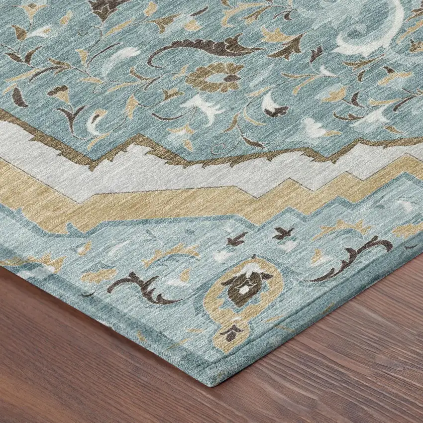 8' Teal Blue And Brown Round Medallion Washable Indoor Outdoor Area Rug Photo 5