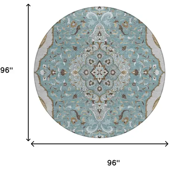 8' Teal Blue And Brown Round Medallion Washable Indoor Outdoor Area Rug Photo 7