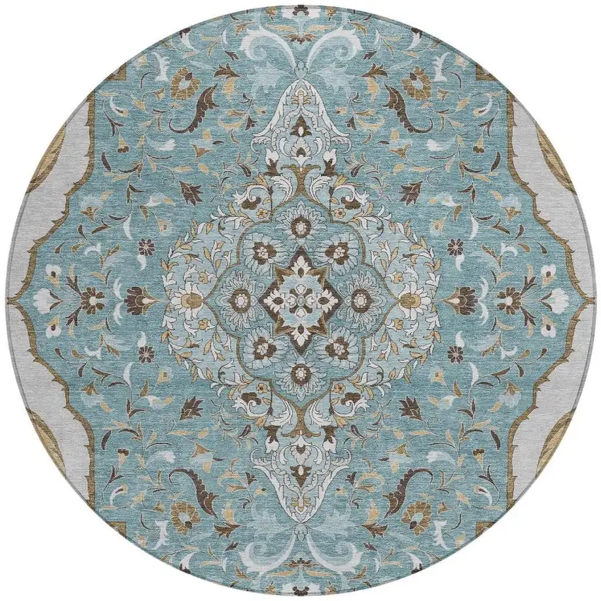 8' Teal Blue And Brown Round Medallion Washable Indoor Outdoor Area Rug Photo 4