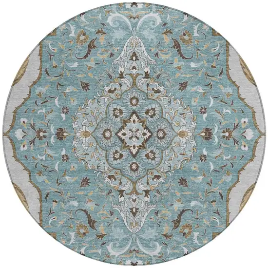 8' Teal Blue And Brown Round Medallion Washable Indoor Outdoor Area Rug Photo 4
