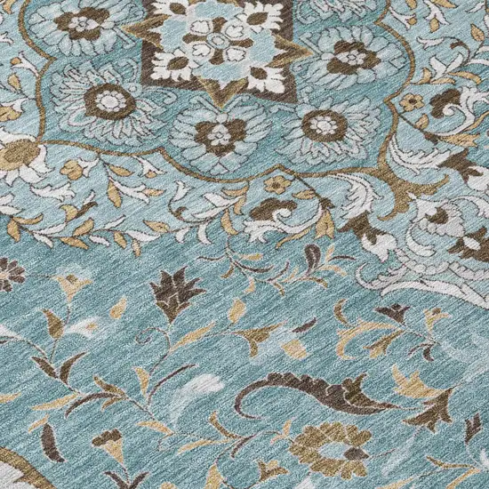 8' Teal Blue And Brown Round Medallion Washable Indoor Outdoor Area Rug Photo 6