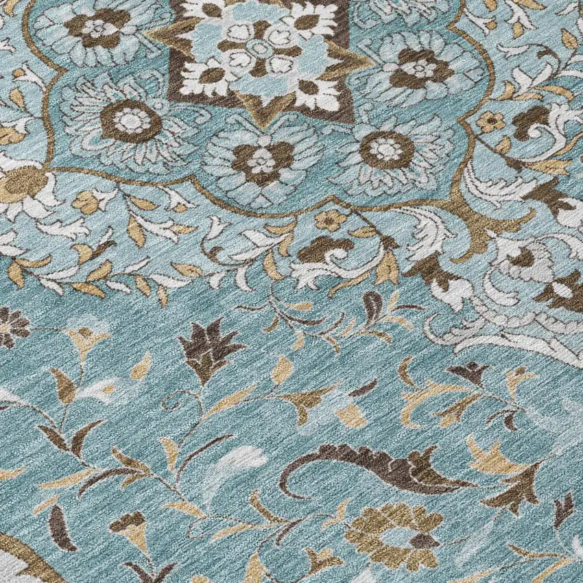 8' Teal Blue And Brown Round Medallion Washable Indoor Outdoor Area Rug Photo 6