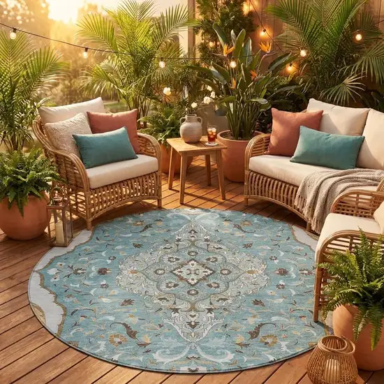 8' Teal Blue And Brown Round Medallion Washable Indoor Outdoor Area Rug Photo 1