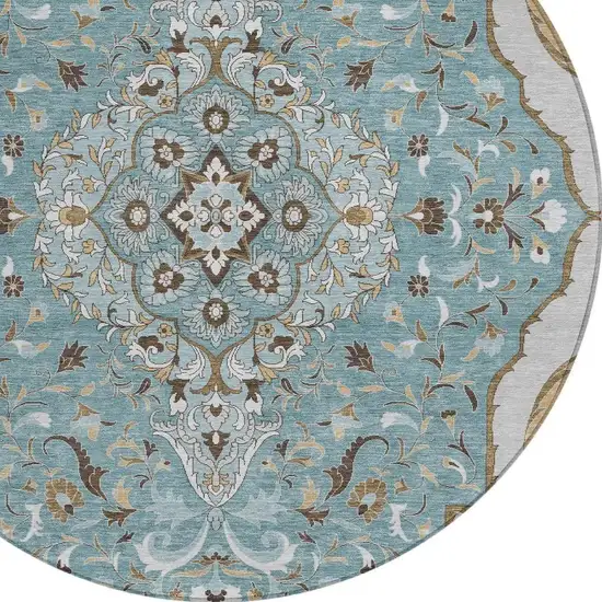 8' Teal Blue And Brown Round Medallion Washable Indoor Outdoor Area Rug Photo 3