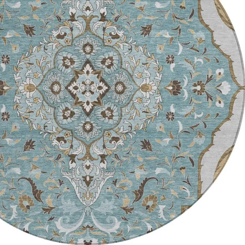 8' Teal Blue And Brown Round Medallion Washable Indoor Outdoor Area Rug Photo 3