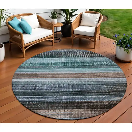 8' Teal Blue And Brown Round Striped Washable Indoor Outdoor Area Rug Photo 2