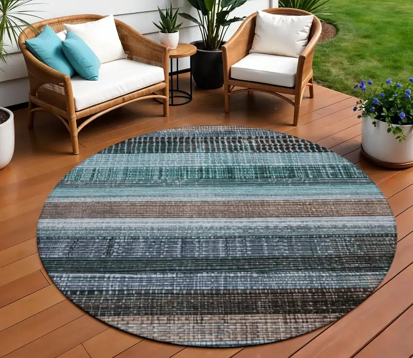 8' Teal Blue And Brown Round Striped Washable Indoor Outdoor Area Rug Photo 2