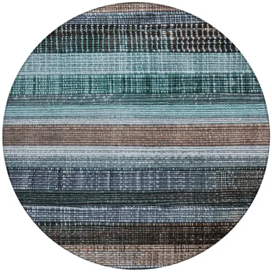 8' Teal Blue And Brown Round Striped Washable Indoor Outdoor Area Rug Photo 3