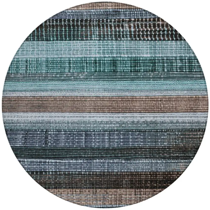 8' Teal Blue And Brown Round Striped Washable Indoor Outdoor Area Rug Photo 3