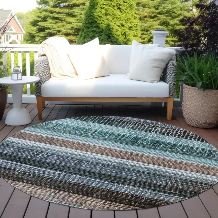 8' Teal Blue And Brown Round Striped Washable Indoor Outdoor Area Rug Photo 5