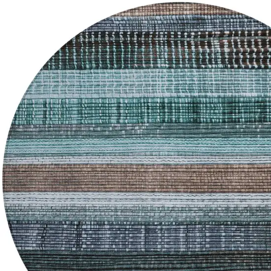 8' Teal Blue And Brown Round Striped Washable Indoor Outdoor Area Rug Photo 8