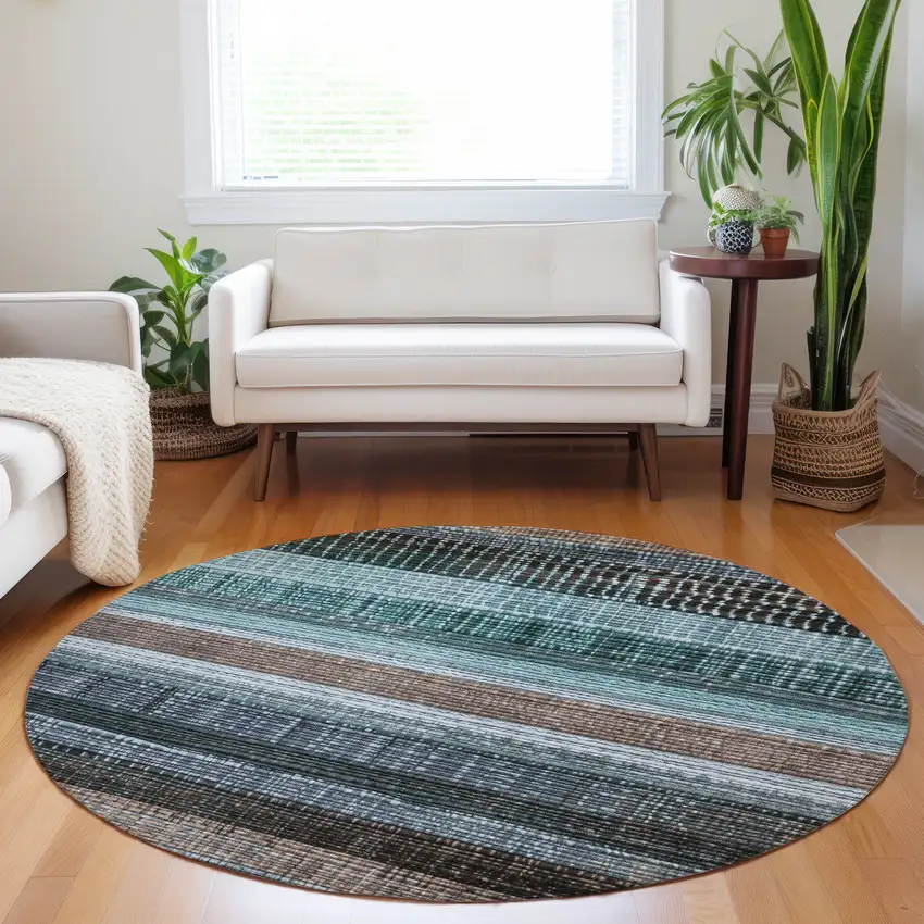 8' Teal Blue And Brown Round Striped Washable Indoor Outdoor Area Rug Photo 6