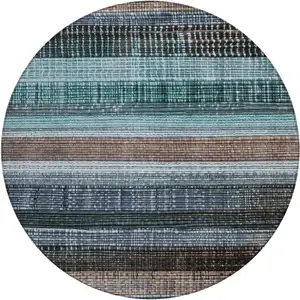 Photo of 8' Teal Blue And Brown Round Striped Washable Indoor Outdoor Area Rug