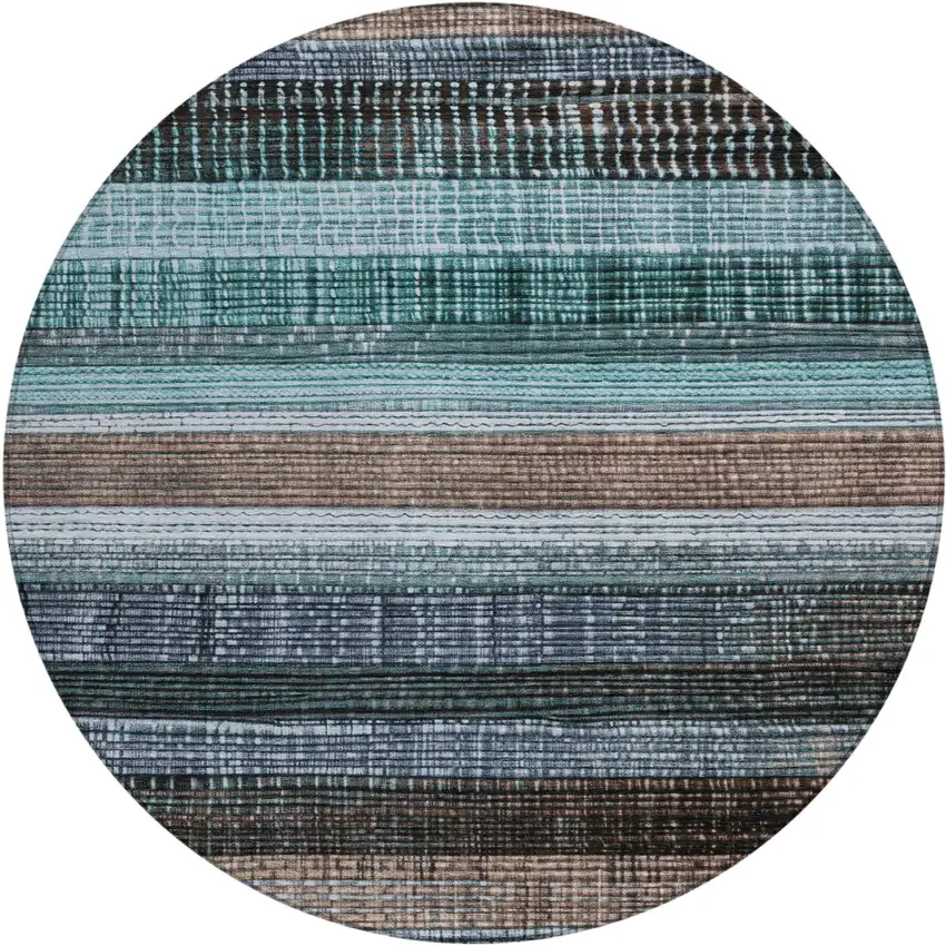 8' Teal Blue And Brown Round Striped Washable Indoor Outdoor Area Rug Photo 1