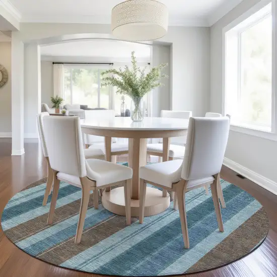 8' Teal Blue And Brown Round Striped Washable Indoor Outdoor Area Rug Photo 7