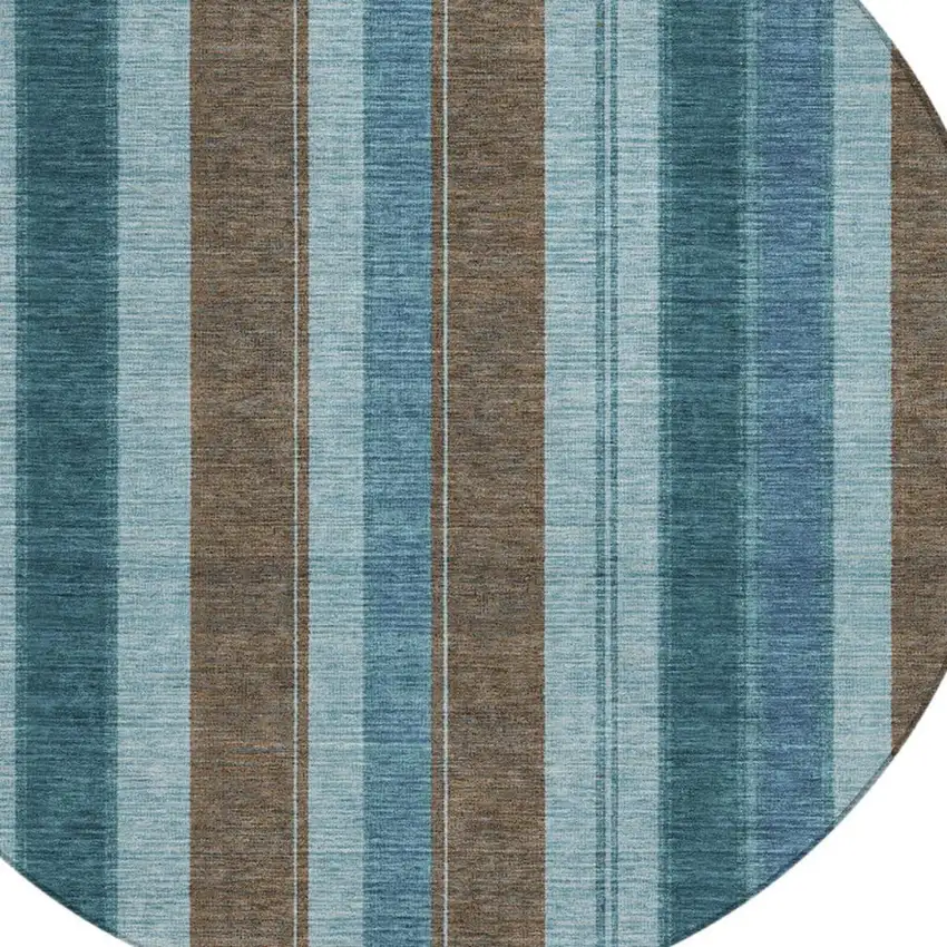 8' Teal Blue And Brown Round Striped Washable Indoor Outdoor Area Rug Photo 4