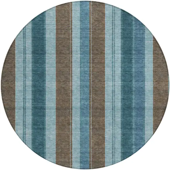 8' Teal Blue And Brown Round Striped Washable Indoor Outdoor Area Rug Photo 1