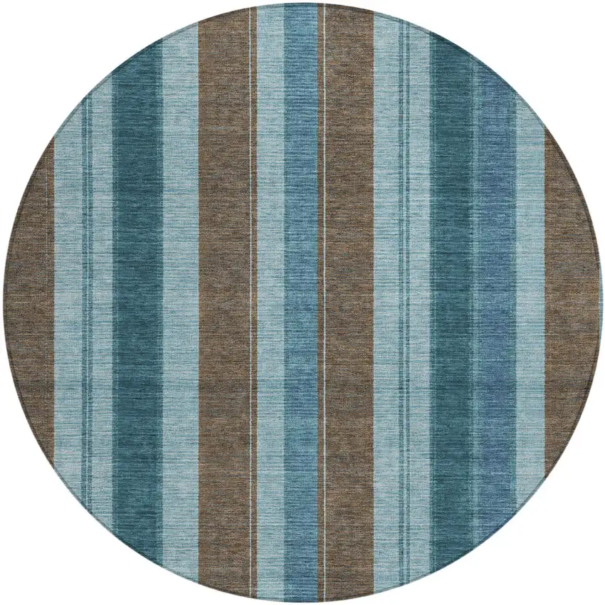 8' Teal Blue And Brown Round Striped Washable Indoor Outdoor Area Rug Photo 1