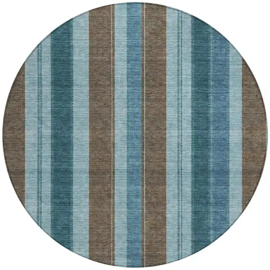 8' Teal Blue And Brown Round Striped Washable Indoor Outdoor Area Rug Photo 3