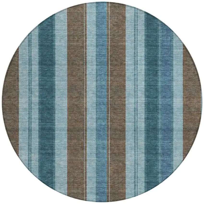 8' Teal Blue And Brown Round Striped Washable Indoor Outdoor Area Rug Photo 3