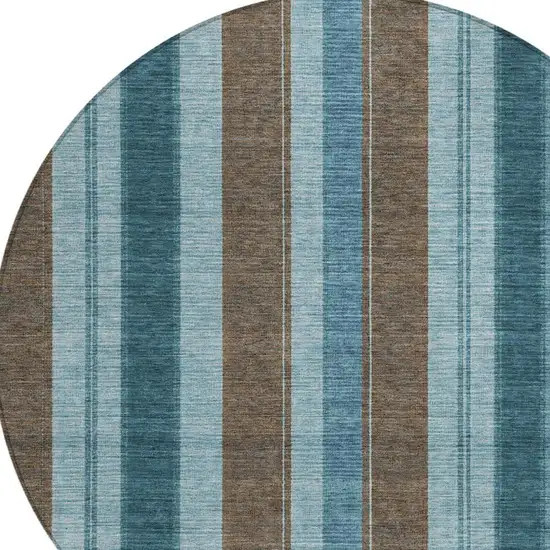 8' Teal Blue And Brown Round Striped Washable Indoor Outdoor Area Rug Photo 9